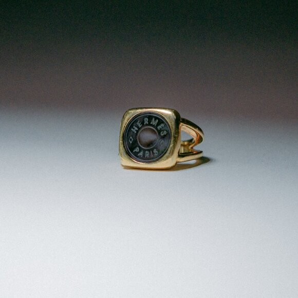 Hermes Mother of Pearl Signet Gold Tone Ring - Picture 1 of 6